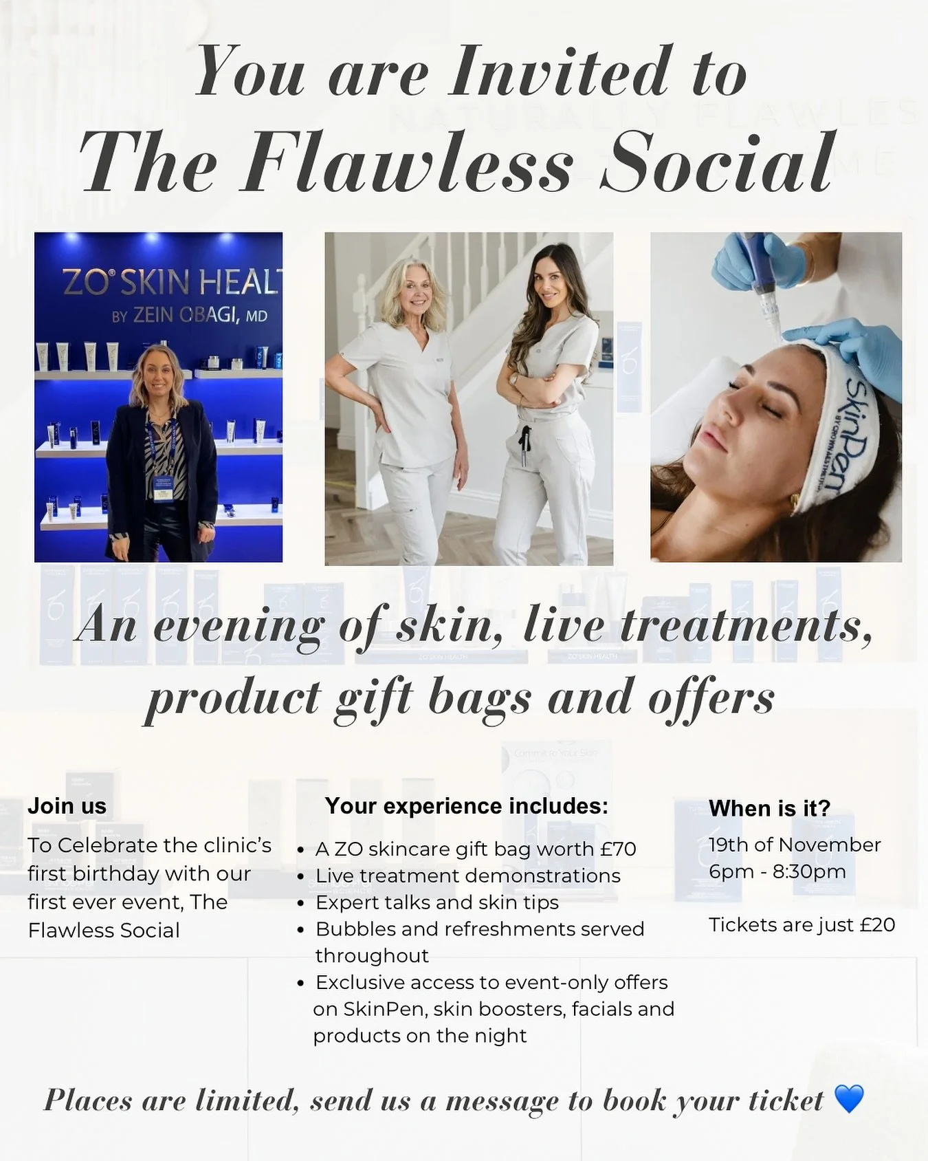 You are invited our first ever event, The Flawless Social ✨🥂

Naturally Flawless Aesthetics clinic turns one on the 1st of December and to celebrate we have an exclusive experience for you. 

Think an evening of skin, live treatments you've always w