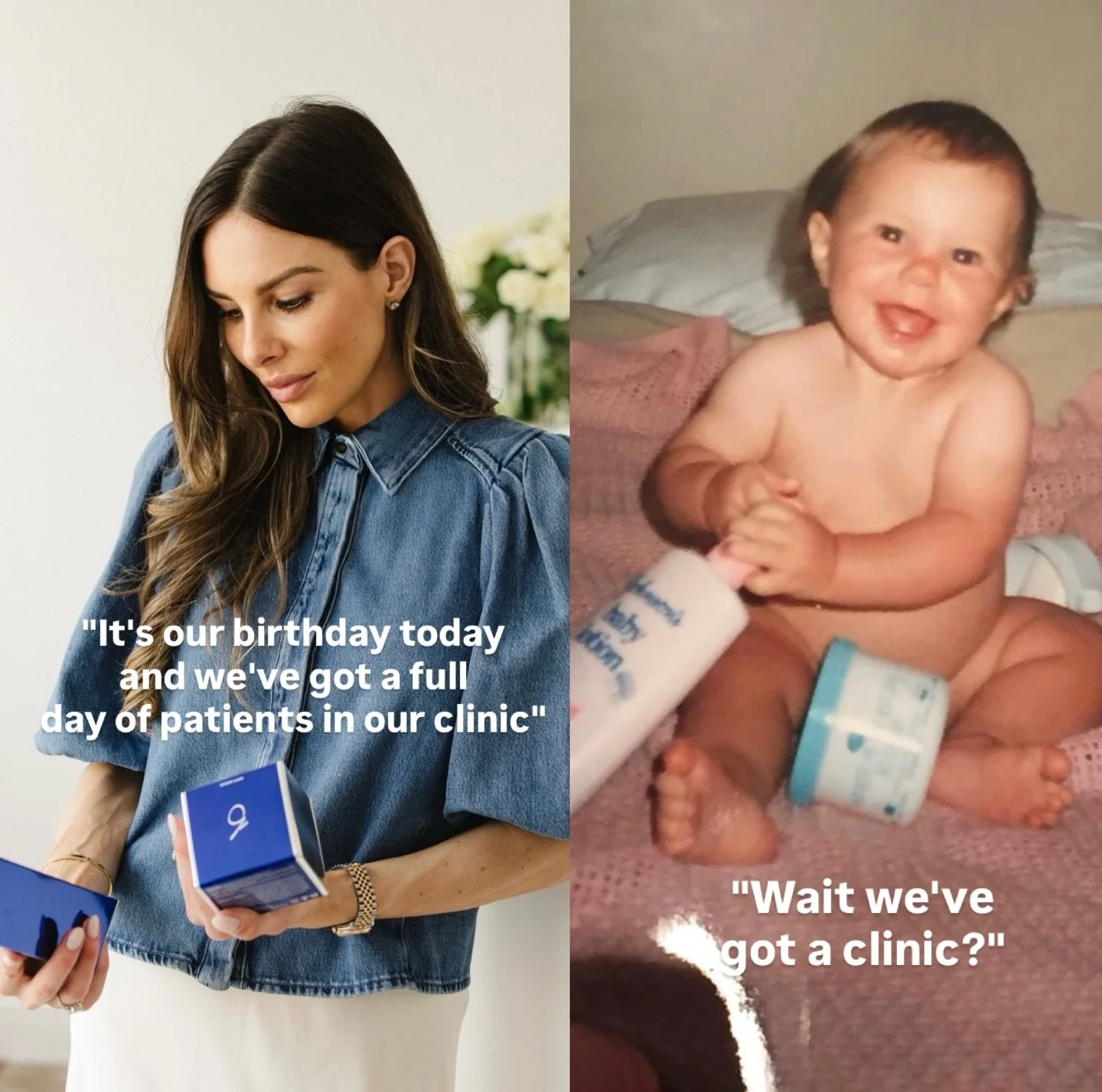 It's our birthday, same girl different chapters 🎂

A baby in one photo and a grown woman in the other, both holding skincare 🧴😂

Getting older really is a privilege and one I never want to take for granted. Yes I work in aesthetics and help people