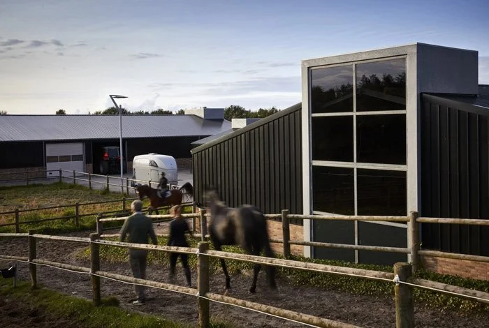 En hestepasser går ved siden af to heste i en ridehal. Der er en bygning med store vinduer i baggrunden.