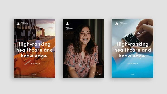 Tre forsider af rapporter med titlen 'High-ranking healthcare and knowledge,' hver med forskellige billeder: en med en cykelsti med børn, en med en smilende kvinde, og en med en person, der bruger en smartwatch.