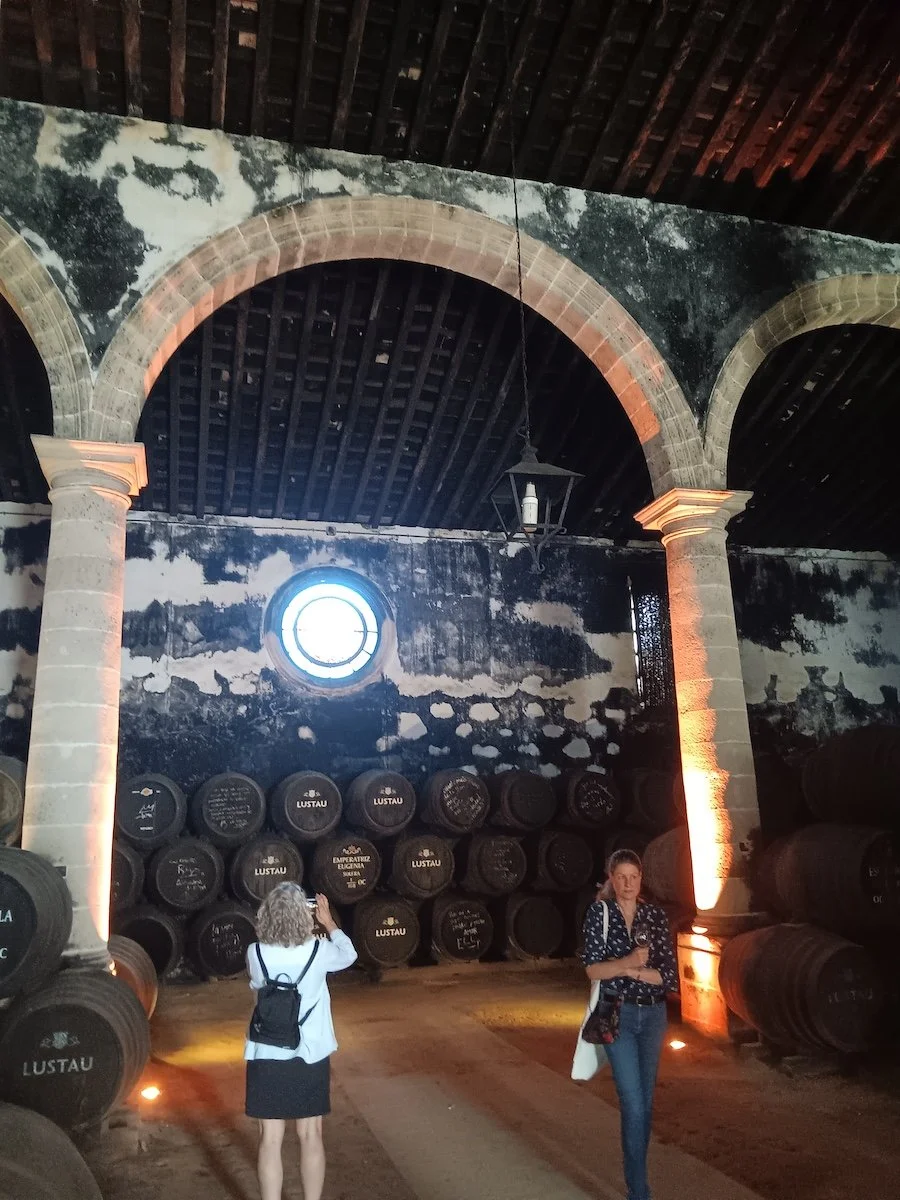 Inside a dark sherry bodega with light shining through a round feature window