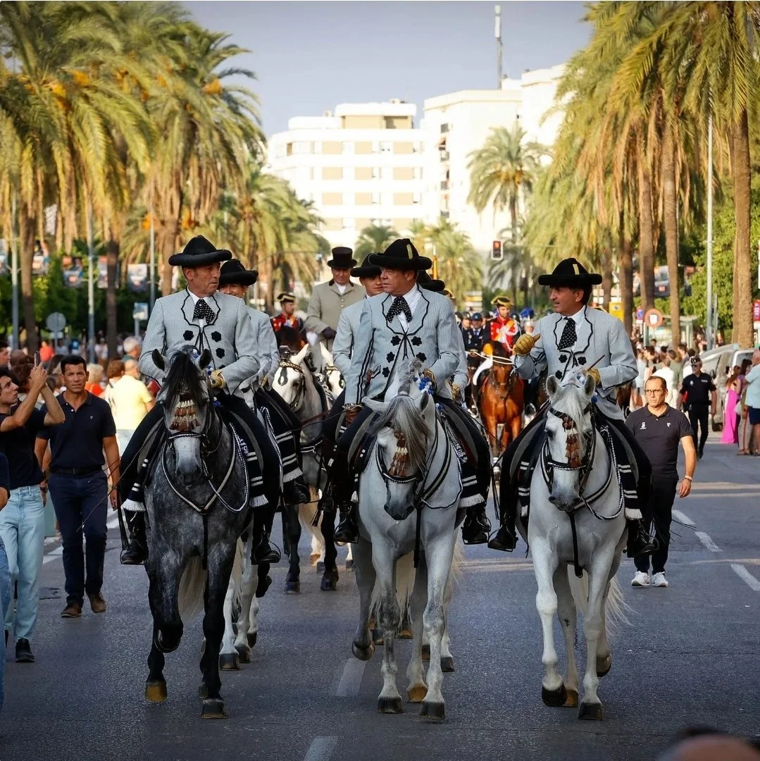 A parade of horses and riders in a tree-lined street. Three riders at the front wearing traditional clothing. The horses are ornately decorated.