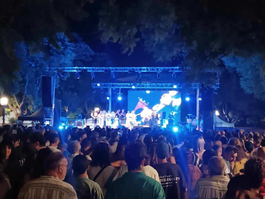 A large crowd watching a night-time outdoor concert