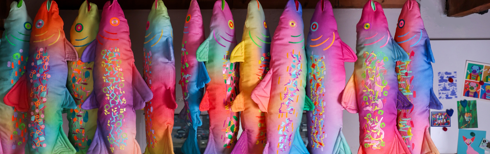 Colorful artwork, modern embroidery 3D fishes