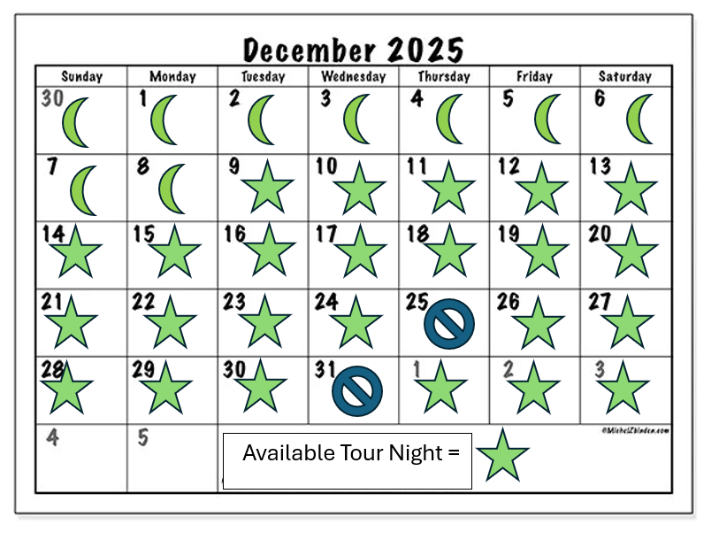 A December 2025 calendar with moon symbols on the Sundays, stars on most weekdays, and a few days with blue no-entry symbols. The legend indicates that a star means an available tour night.