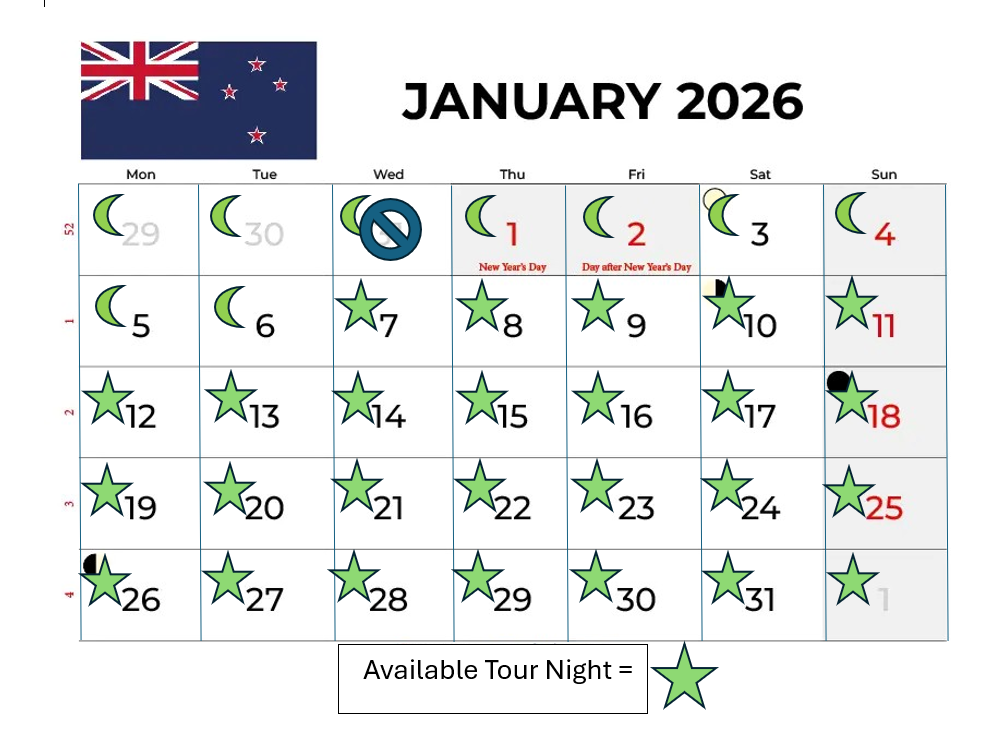 January 2026 calendar with the New Zealand flag in the top left corner. The calendar highlights available tour nights with green stars on specific dates, and marks New Year's Day on January 1st and the day after on January 2nd. The stars indicate tour availability on most days, except January 1st, 2nd, and 25th.