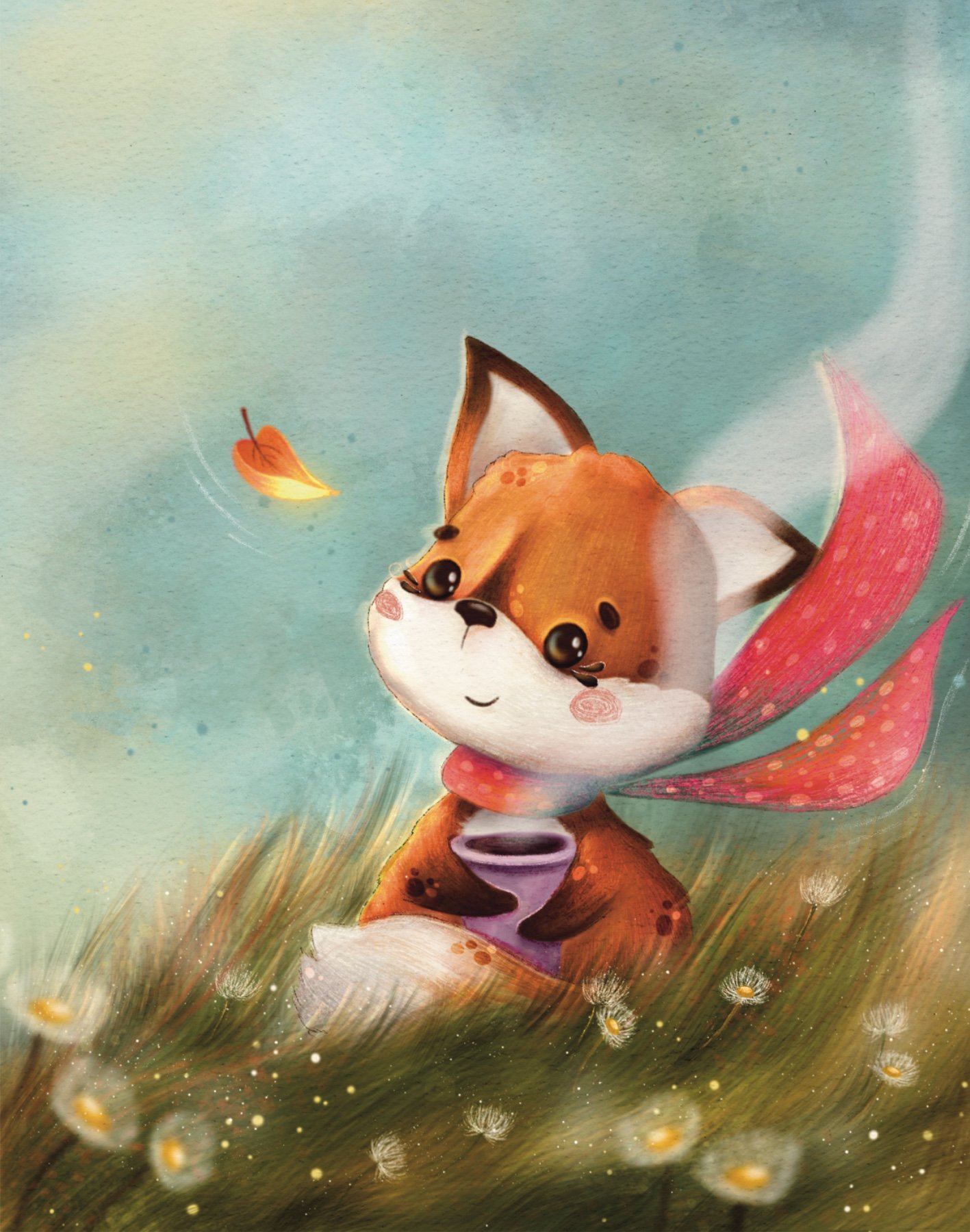 Cute cartoon fox with a pink scarf holding a purple cup, sitting in a grassy field with daisies. A falling autumn leaf is in the air above.