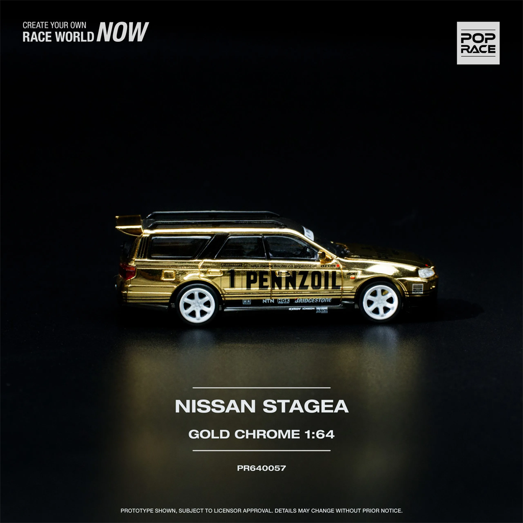 Pop Race 1:64 Nissan Stagea Pennzoil Gold Chrome