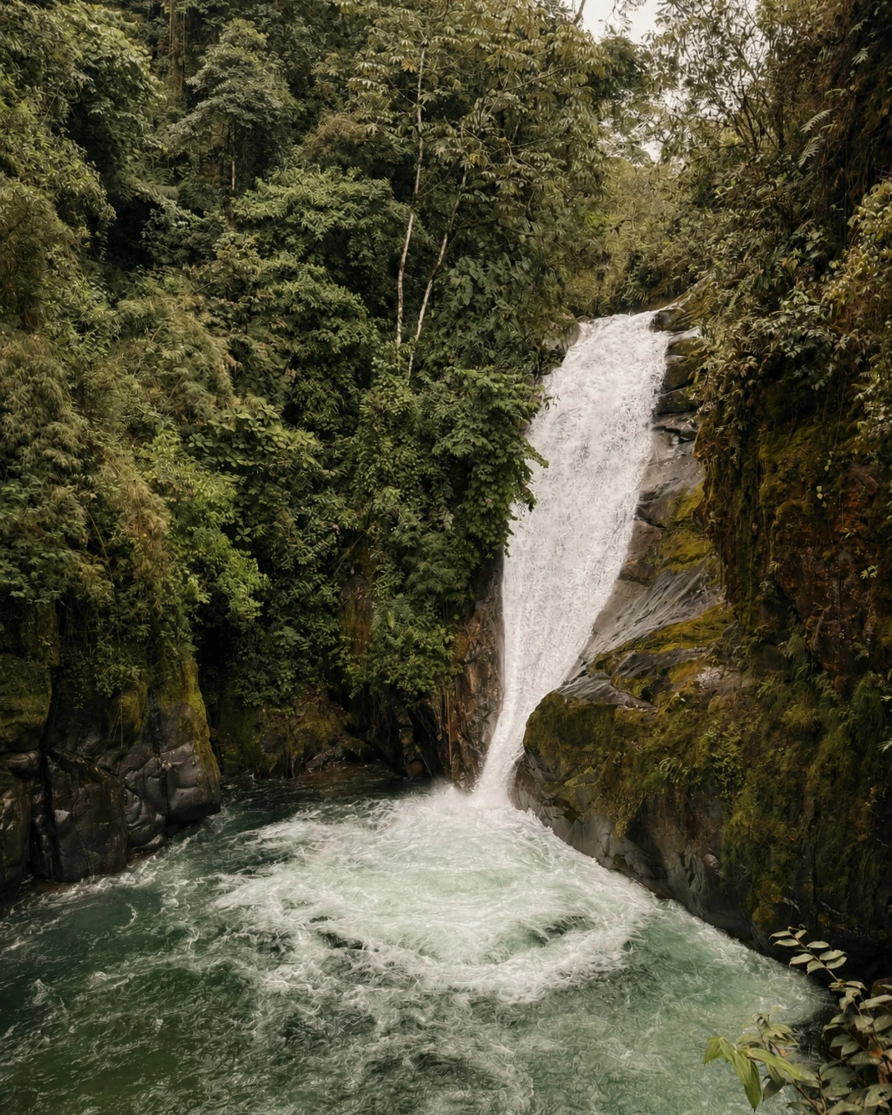 Tropical waterfall surrounded by dense green rainforest in Costa Rica.