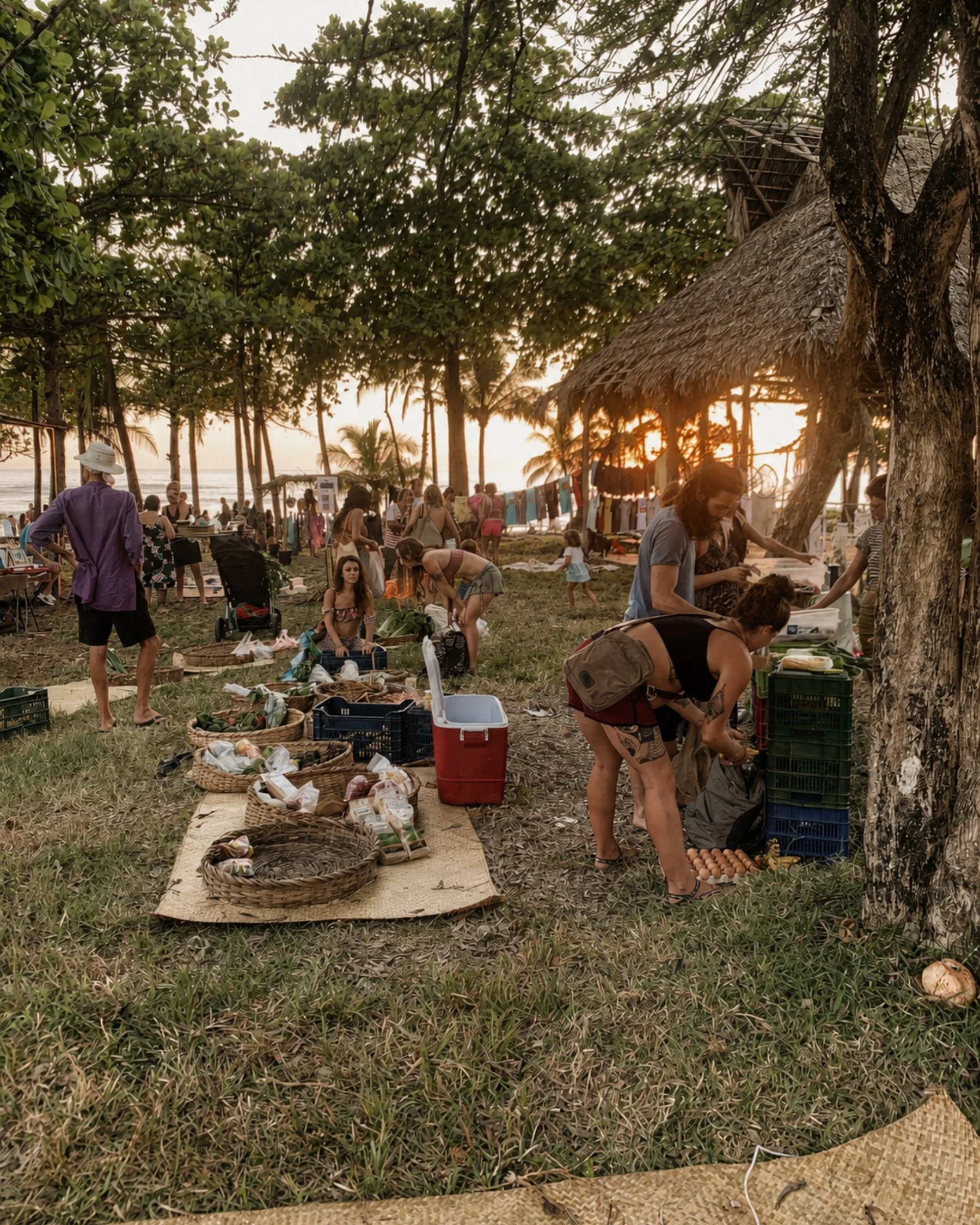 Local outdoor market beneath tropical trees near the beach at sunset in Santa Teresa.
