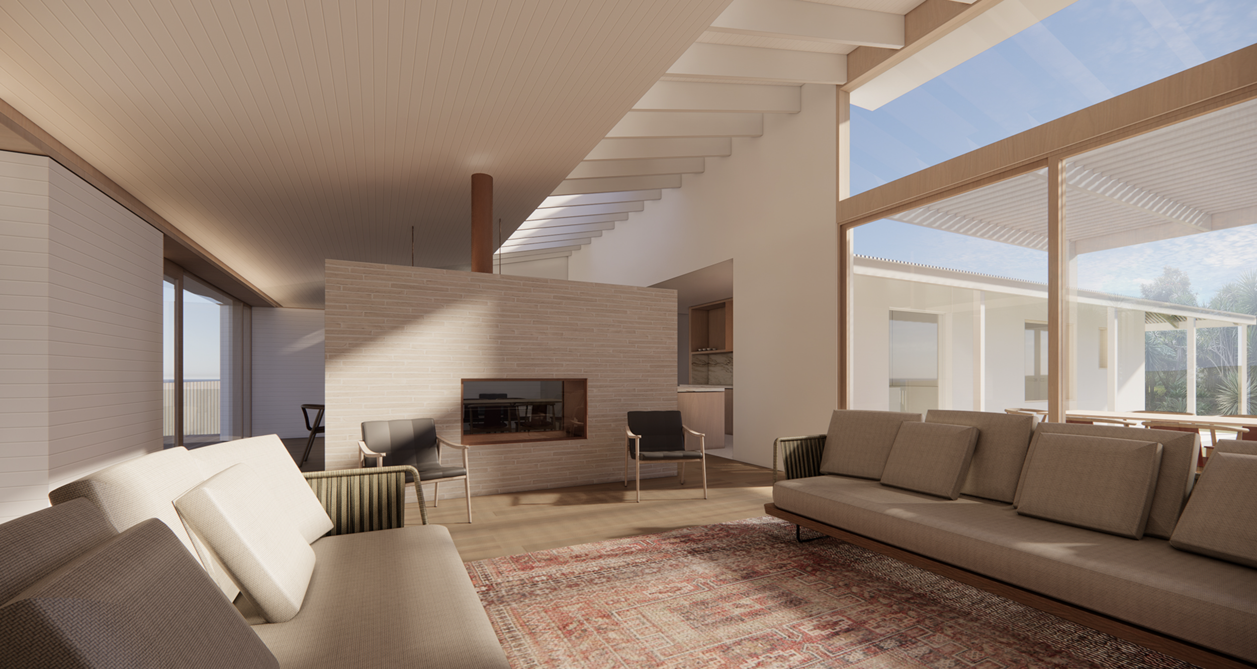Modern living room with beige sofas, a patterned rug, large windows, and a brick fireplace.
