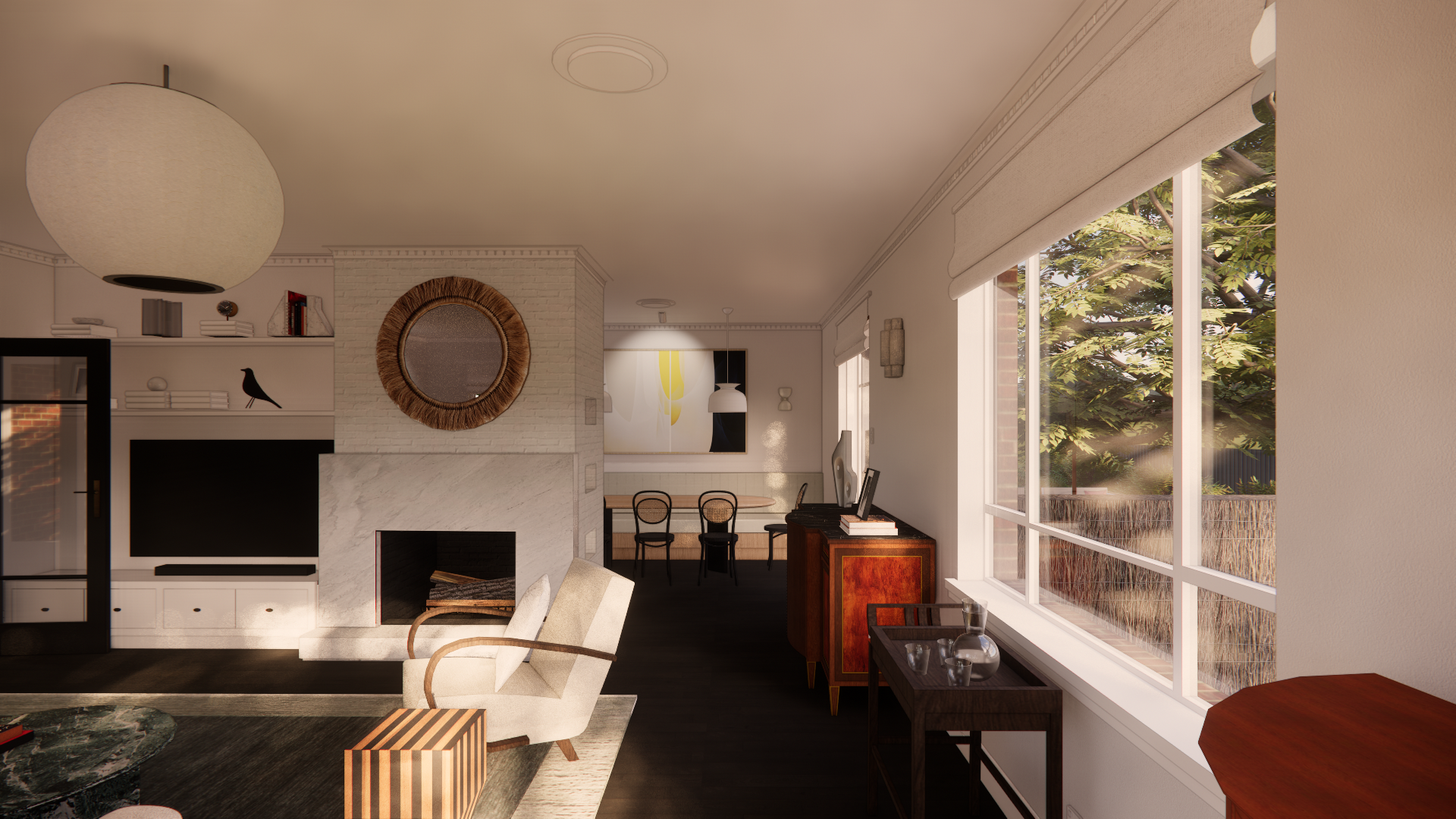 Living room with large window, white brick fireplace, white armchair, decorative mirror, bookshelf, television, and wooden furniture.