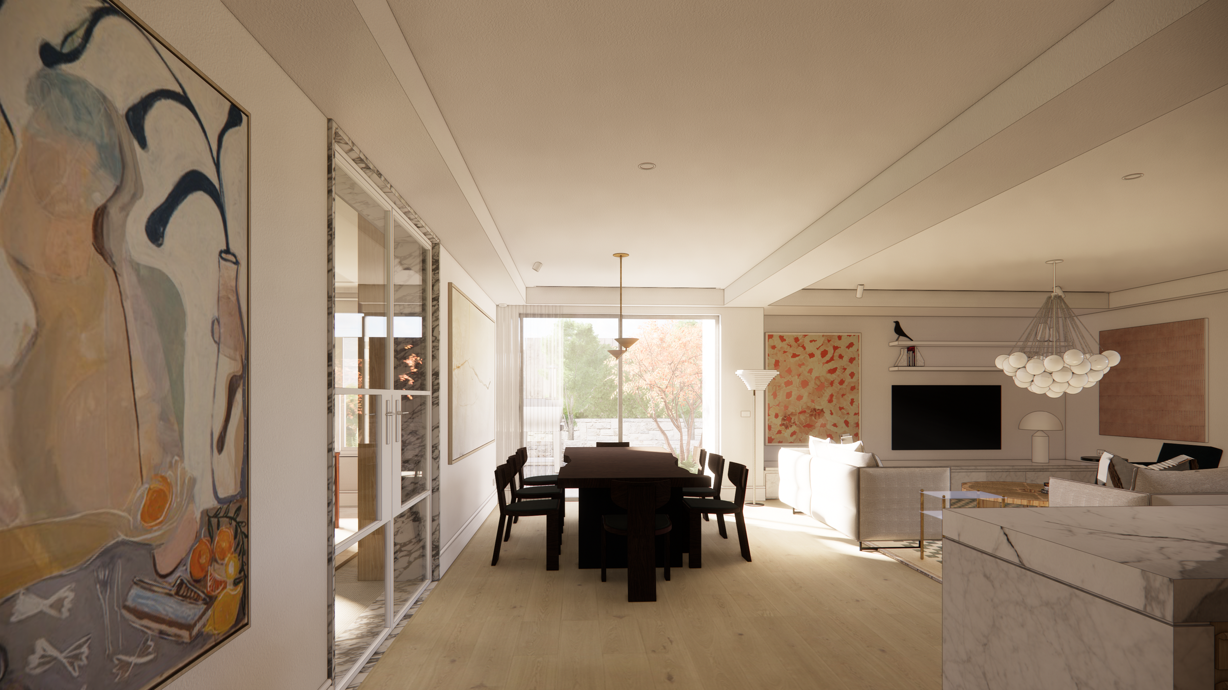A modern open-concept living and dining room with natural light, contemporary furniture, artwork on the walls, and a large window showing trees outside.