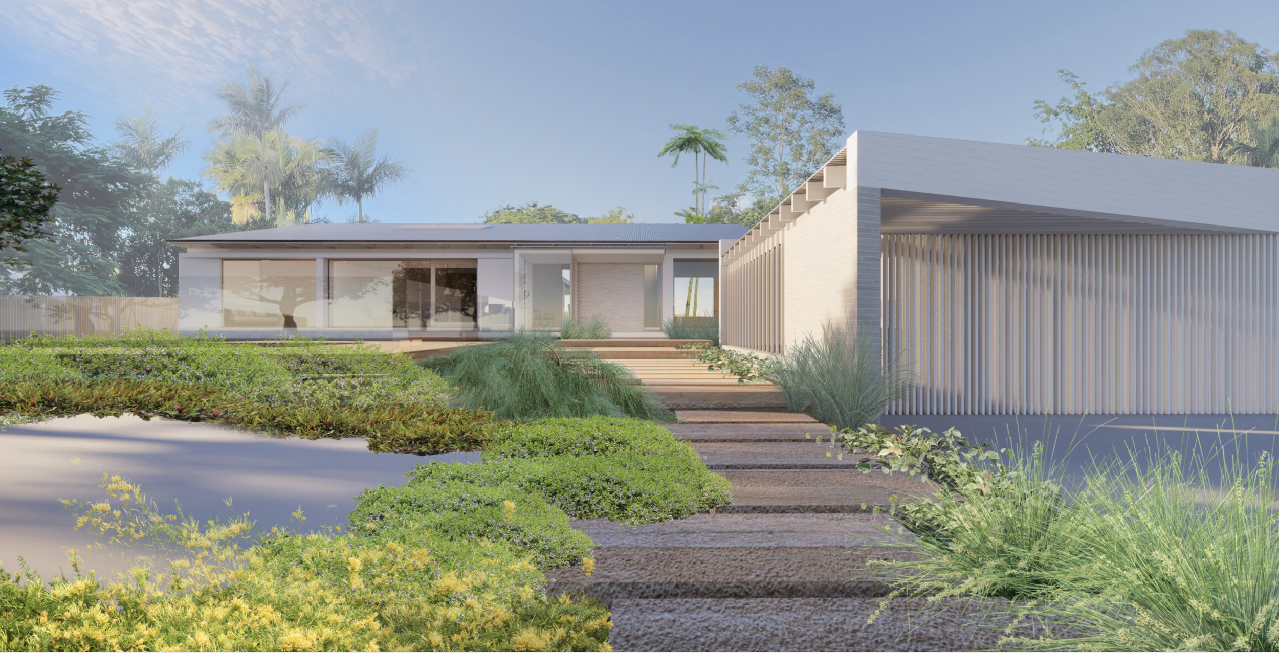 Modern house with a flat roof, large glass windows, and surrounding landscaping including green bushes, plants, and trees under a blue sky.