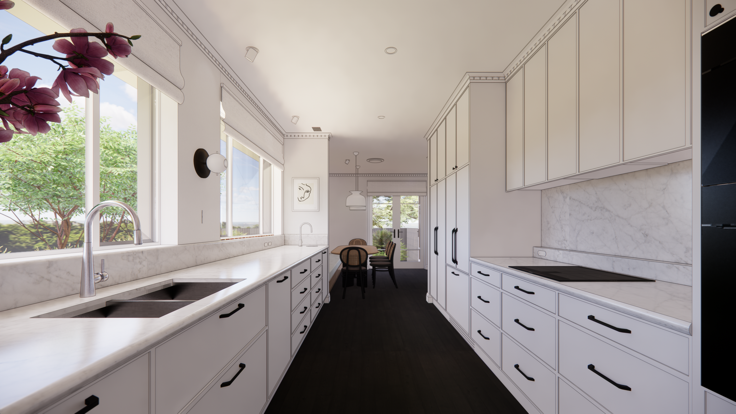 Modern kitchen with white cabinetry, marble countertops, and large windows overlooking greenery. There is a sink under the window, and a black stove on the right. In the background, a dining table with four chairs and a door leading outside are visible.