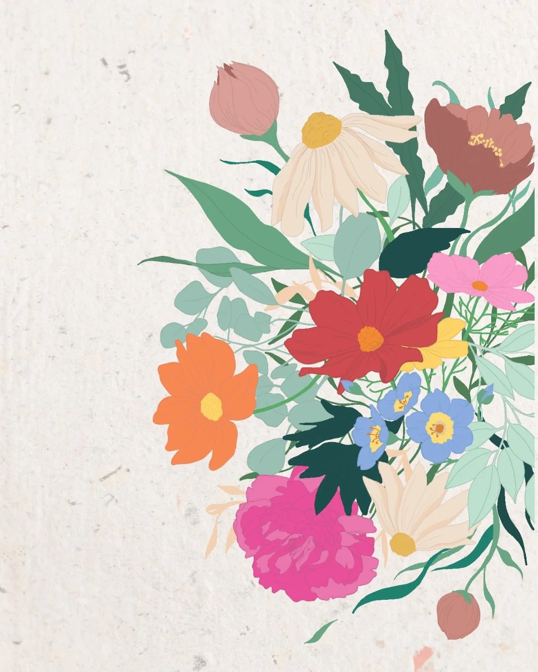 💚 Lovely FLOWERS

De la couleur pour c&eacute;l&eacute;brer l&rsquo;Amour !
J&rsquo;avais surtout envie de pep&rsquo;s pour contrer grisaille et temp&ecirc;te !

Du croquis &agrave; l&rsquo;illustration, et pourquoi pas sur un mur !
Des couleurs de 