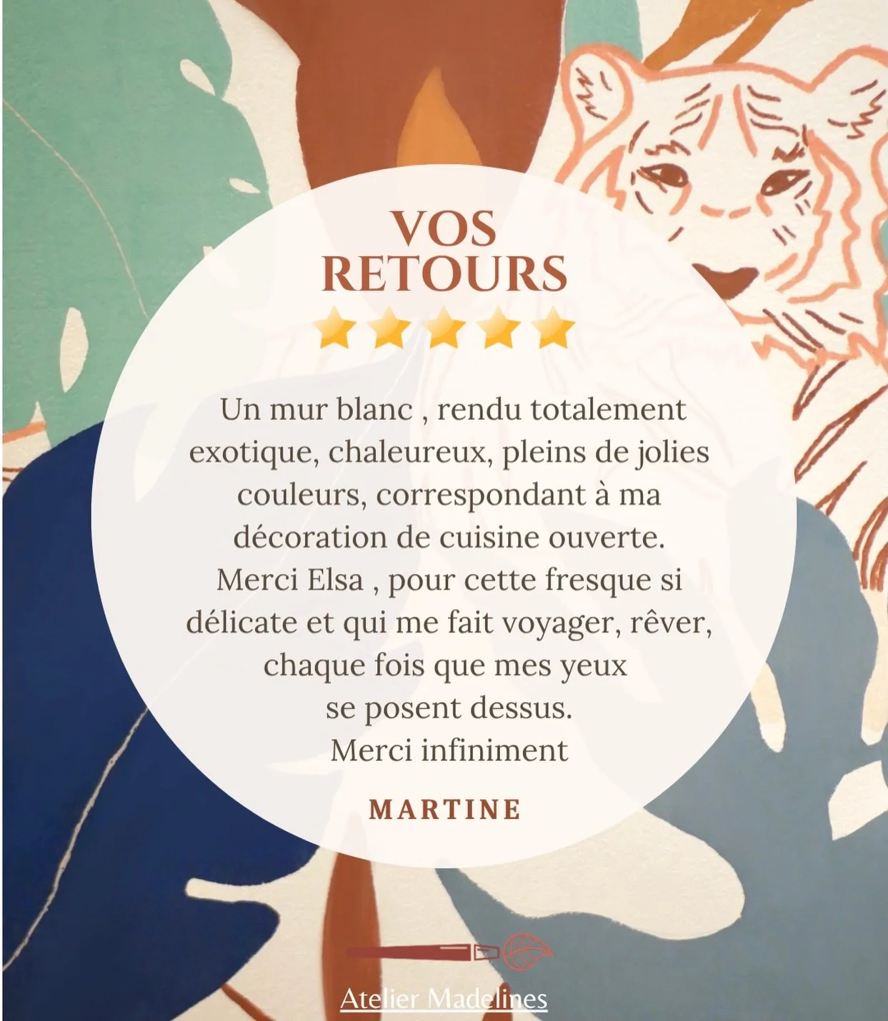 Merci pour vos mots 🙏✨🌈

#avisclients #satisfactionclient #fresquemurale #ateliermadelines #ambiancetropicale