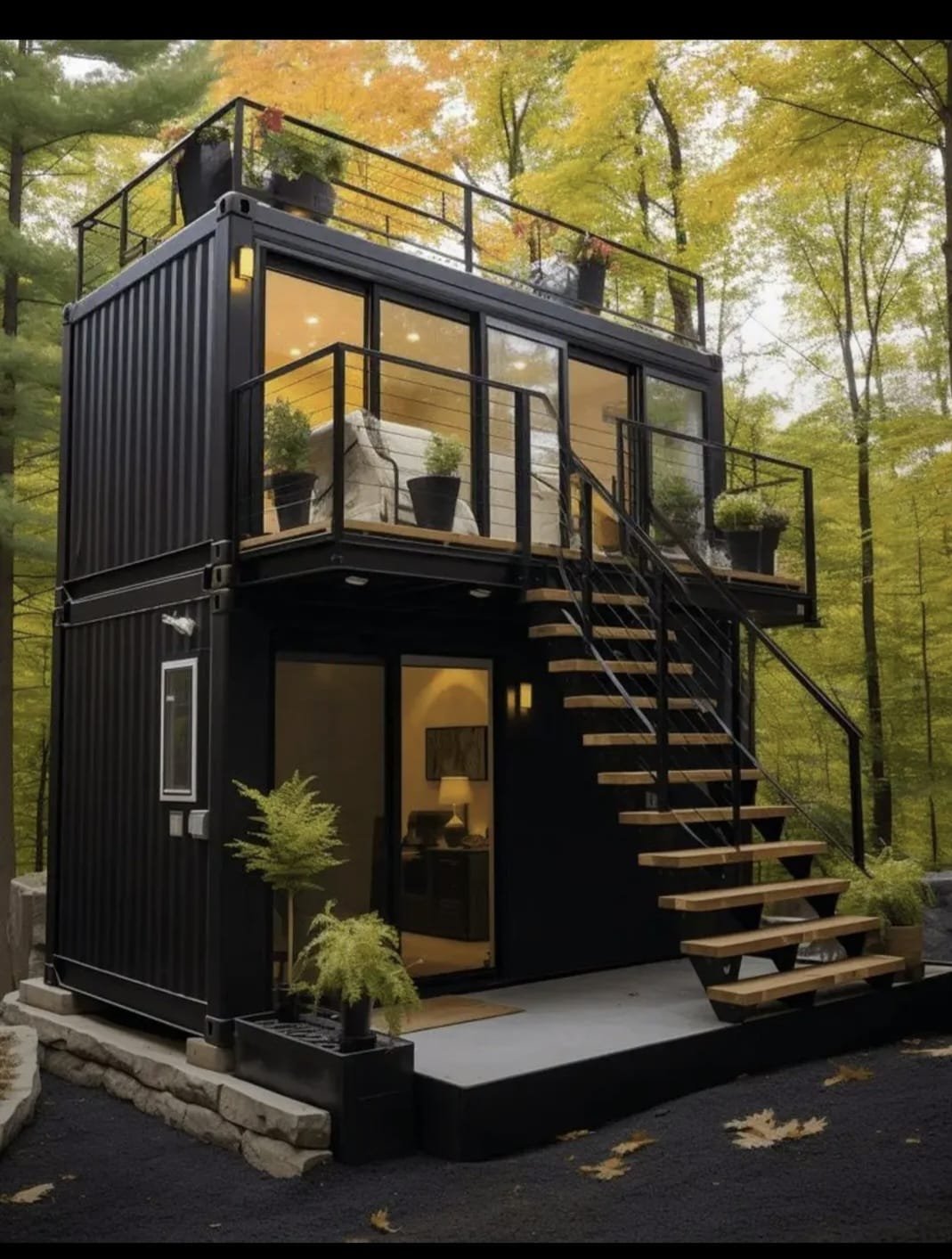 A modern two-story tiny house made from a repurposed shipping container, painted black, with large glass windows and wooden stairs leading to the upper deck, surrounded by trees with autumn foliage.