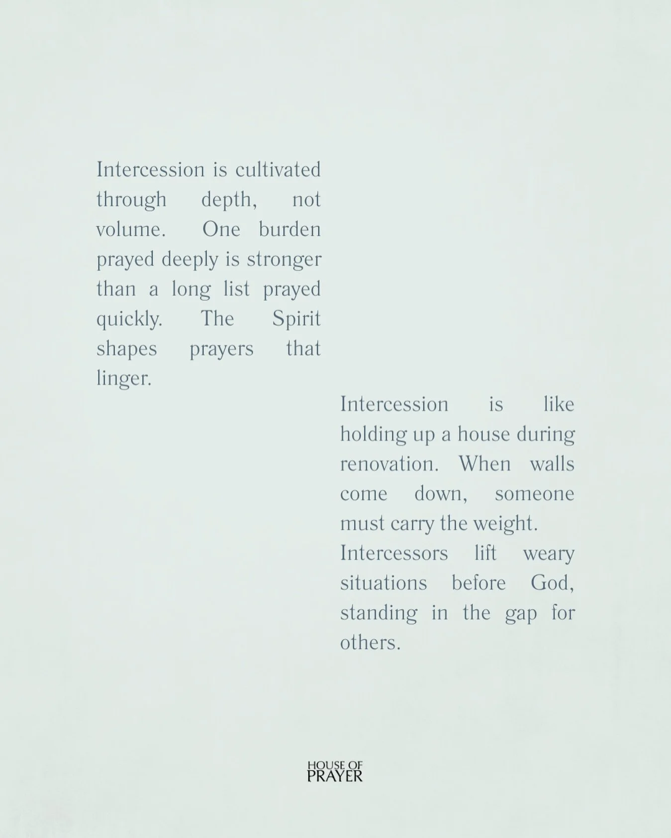 This week Bront&euml; continued our House of Prayer series by looking at Intercession.

Each week, we&rsquo;re sharing a simple practice to help us learn to pray by praying.

Week Four: Intercession &mdash; To Intercede by Fasting

Consider fasting f