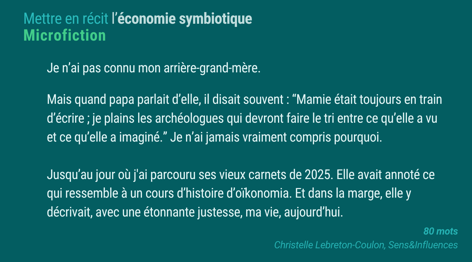 Page de texte en français sur l'économie symbiotique et la microfiction, citant Christelle Lebreton-Coulon, avec mention « 80 mots » et la source.»