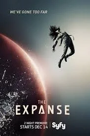 Une illustration d'une personne flottant dans l'espace avec une planète en arrière-plan. Le texte indique "We’ve gone too far" et mentionne la série "The Expanse" sur Syfy, avec une premieré prévue le 14 décembre.