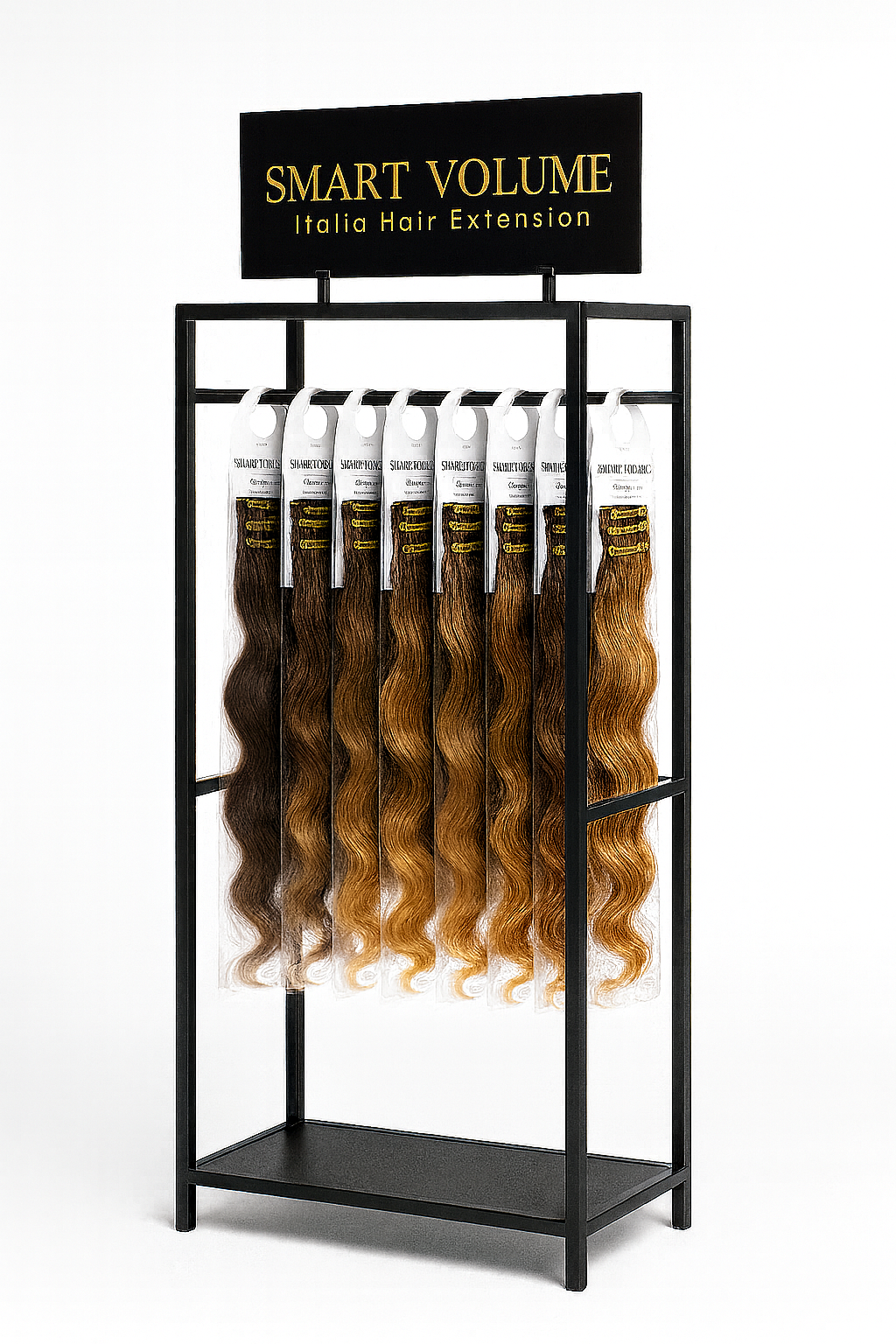 Pannelli di extension di capelli castani e biondi con indicazioni di volume intelligente, esposti su un supporto nero.