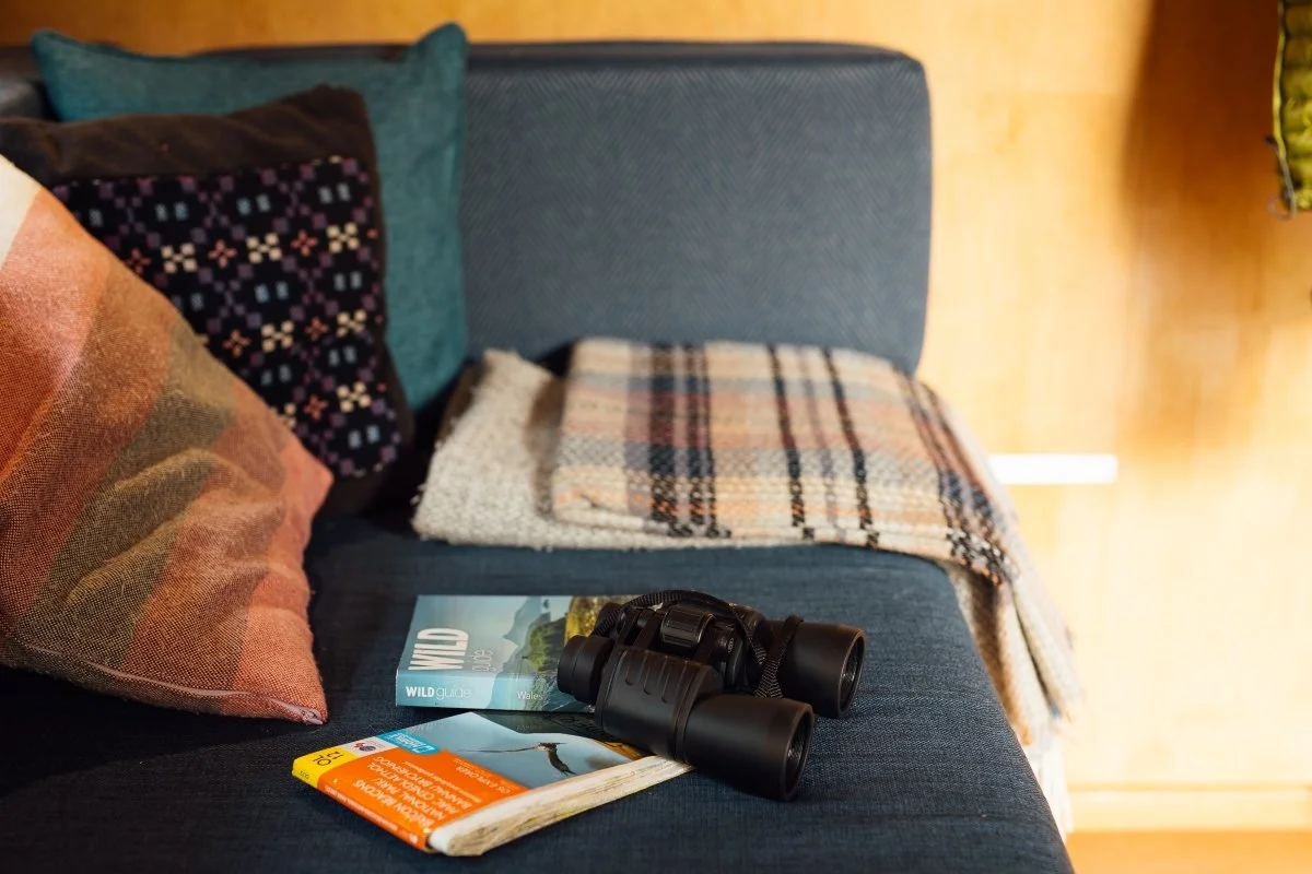 Detail of the blue sofa inside Hafan cabin with checked blanket, cushions, binoculars, map and book.