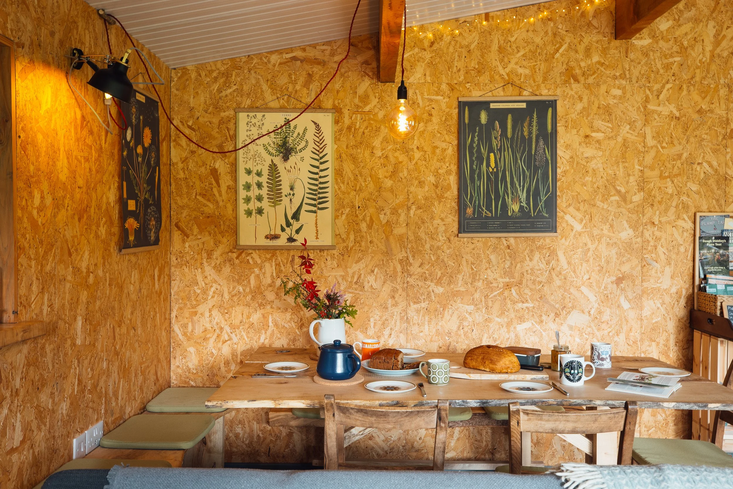 The table set for lunch inside Ty Mawr, with botanical art hangings on the timber walls.