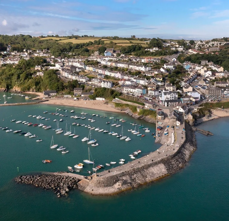 A sailboat on water with green, tree-covered hills and houses in the background, and a blurred inflatable object with a red and black design in the foreground.