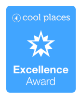 Blue award badge with white starburst graphic, labeled 'cool places' and 'Excellence Award'.