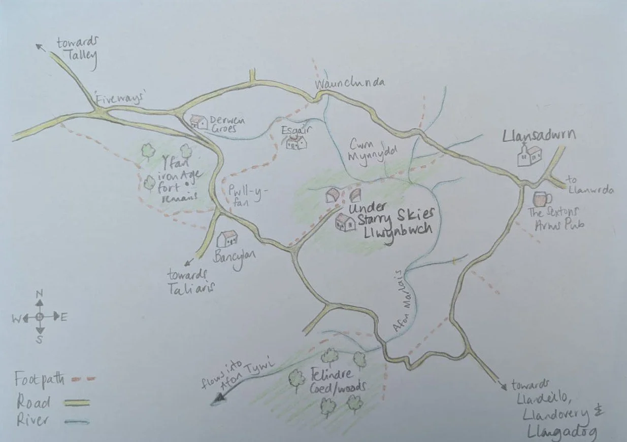 An illustrated map of the trails, roads and river surrounding Under Starry Skies at Llwynbwch Farm