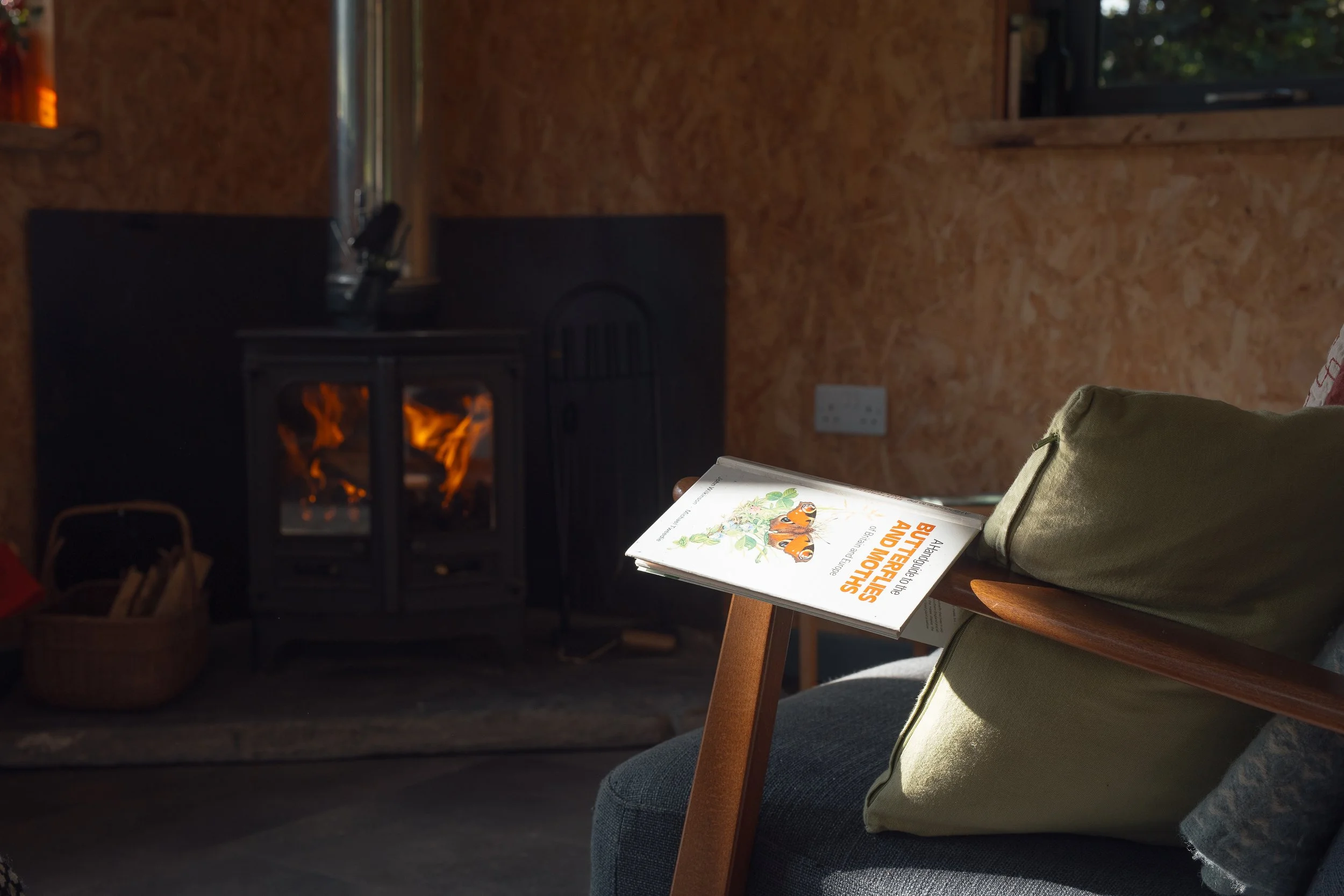 Cosy mid century chair with green cushion, book resting on arm of chair lit up by sunlight, lit woodburner beyond with glowing orange flames inside.