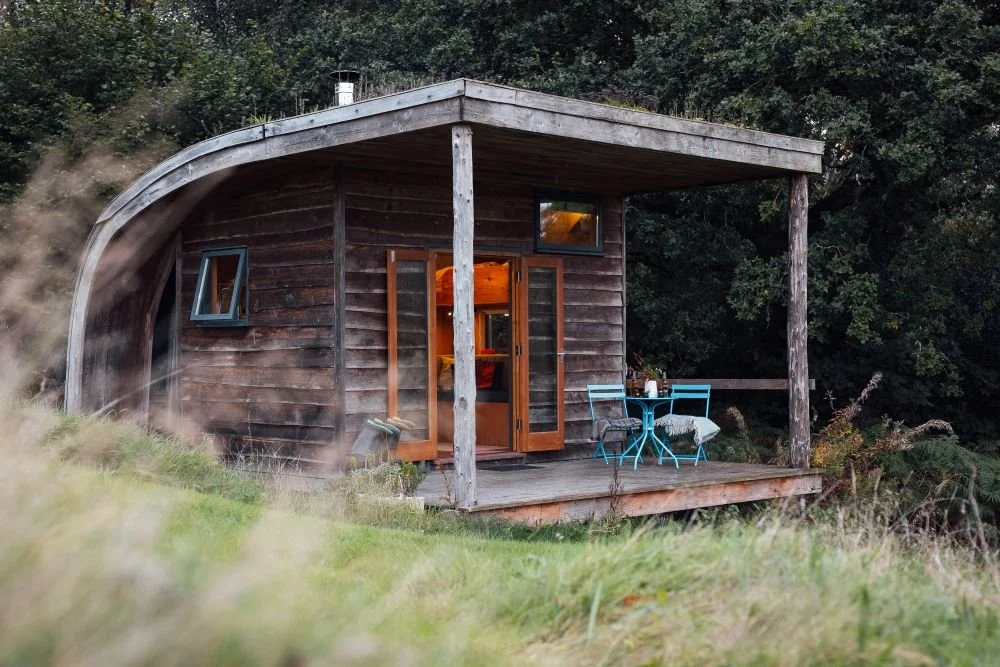 Derwen through the grasses again but this time with the cabin in sharp focus - the curved timber floor-to-ceiling roof of the cabin to the left and the timber deck with 2 upright posts, set with drinks and a vase of flower to the right.