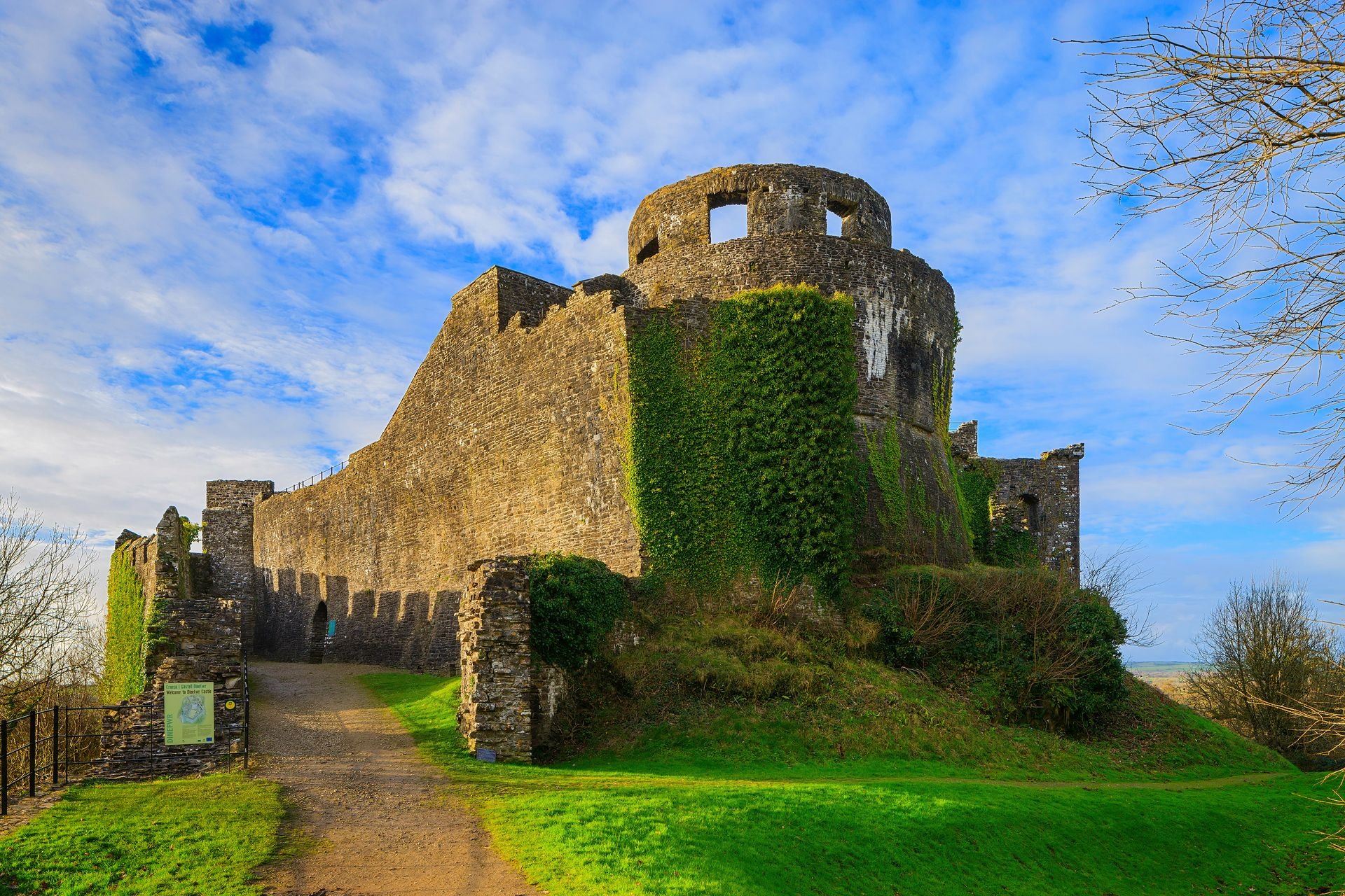 Ancient stone castle with ivy-covered walls and a round tower, set against a blue sky with scattered clouds, surrounded by green grass and trees.
