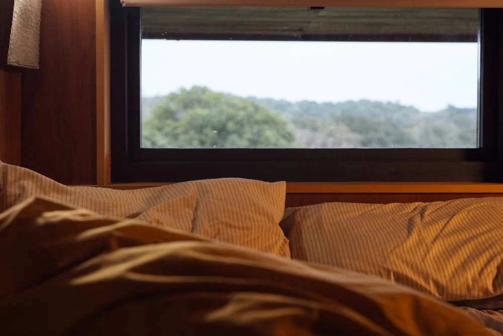 View from the mezzanine bed at Derwen with rectangular picture window for wildlife watching from bed. Pillows and duvet.
