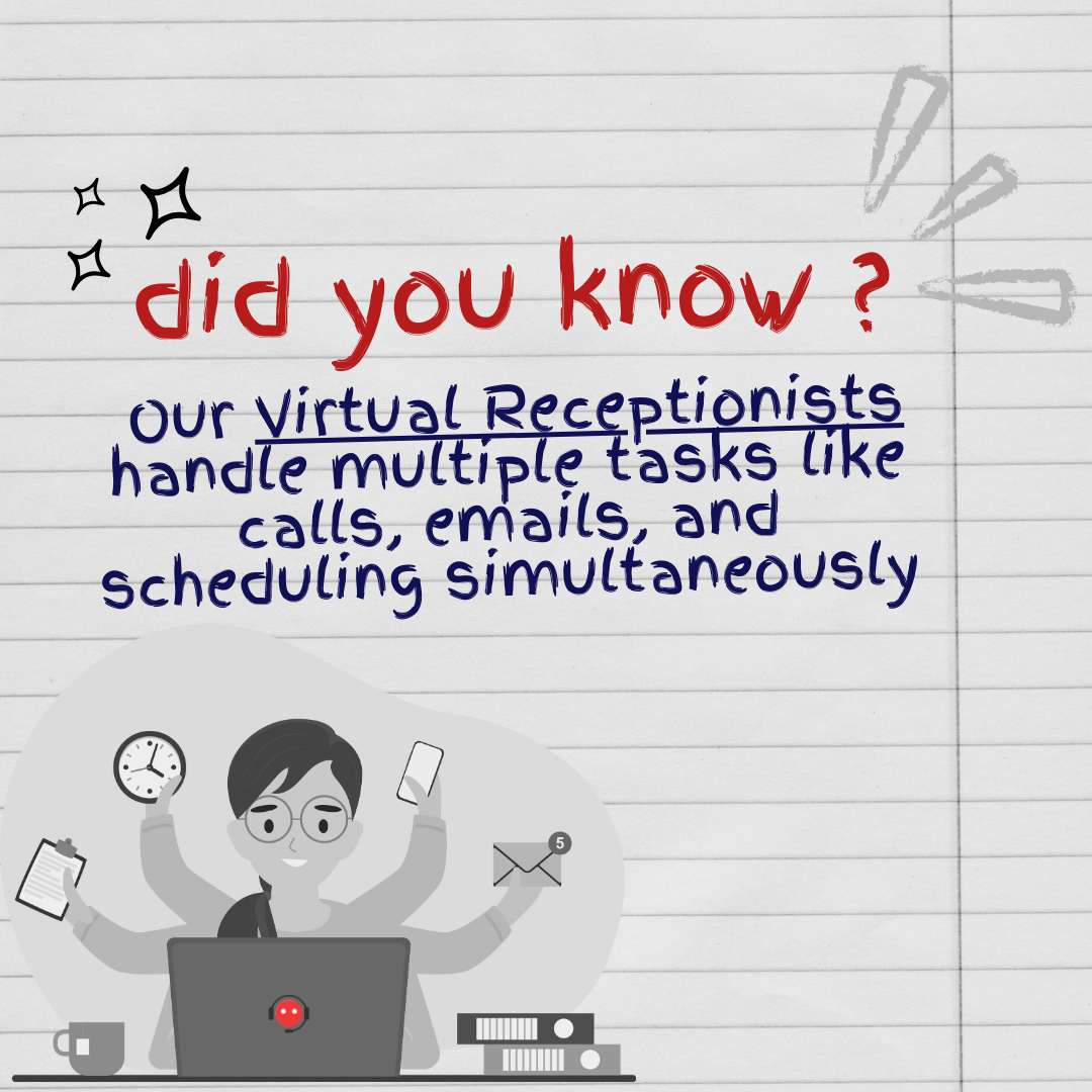 Handwritten note with a cartoon illustration of a multitasking virtual receptionist handling calls, emails, and scheduling on a laptop, surrounded by icons of a clock, phone, email, and files.