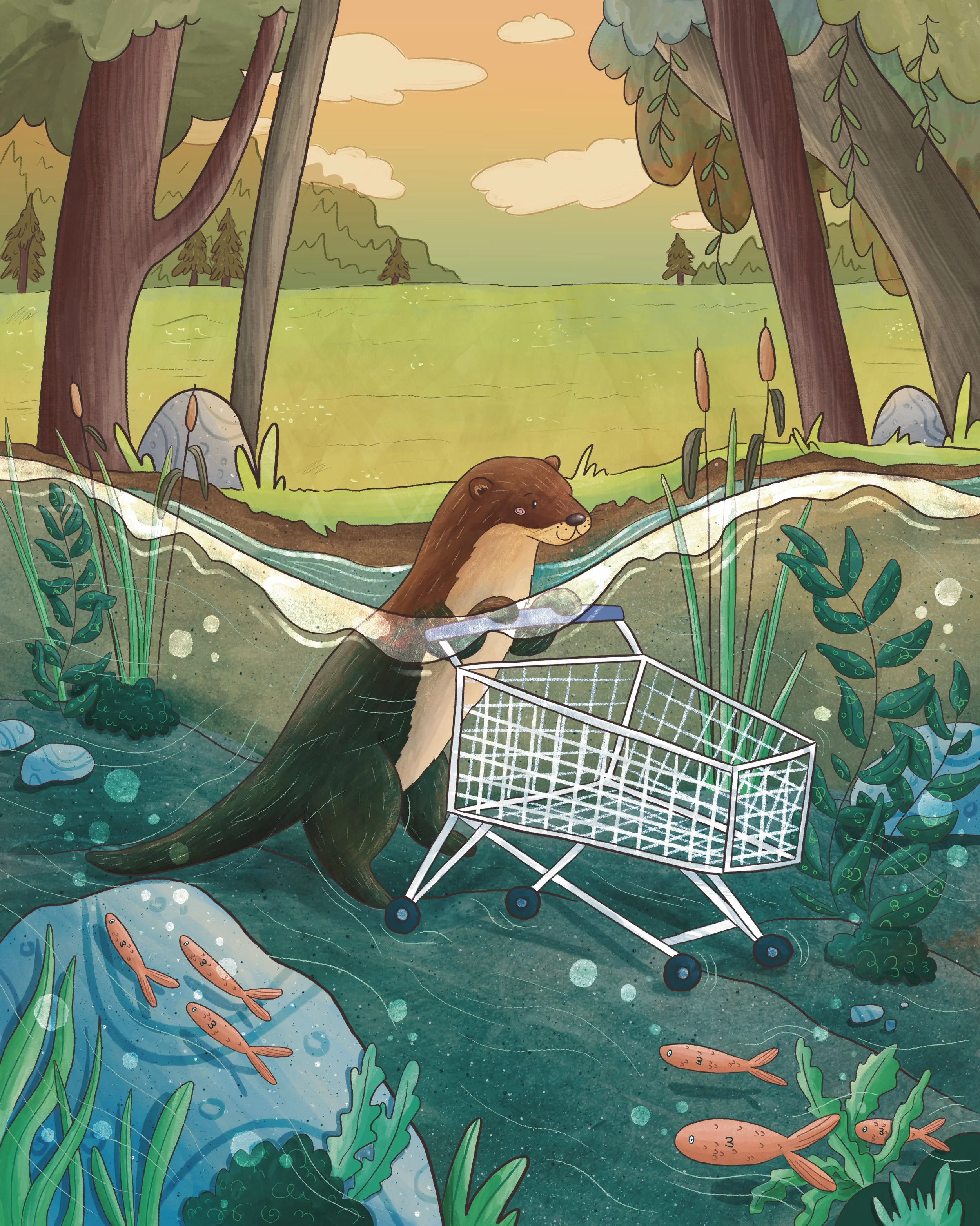 An illustrated scene of an otter pushing a shopping trolley in a river.  The background includes tall trees, green grass, and clouds in the orange sky. There are orange fish swimming in the river and some rocks and plants along the water's edge.