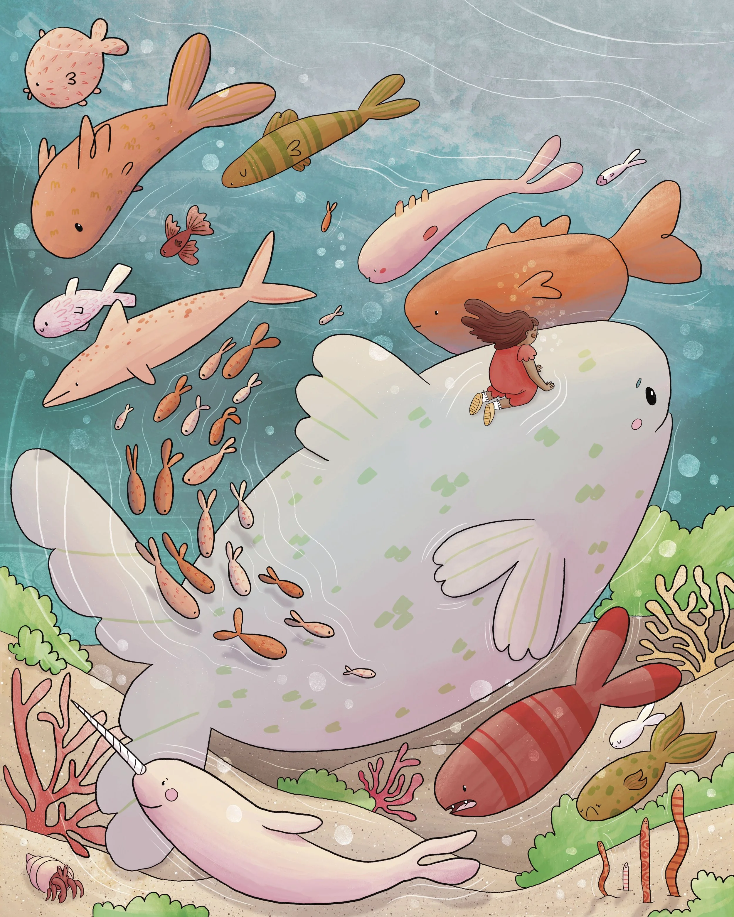 A colorful cartoon underwater scene with various sea creatures including fish, a whale, a squid, and sea plants.