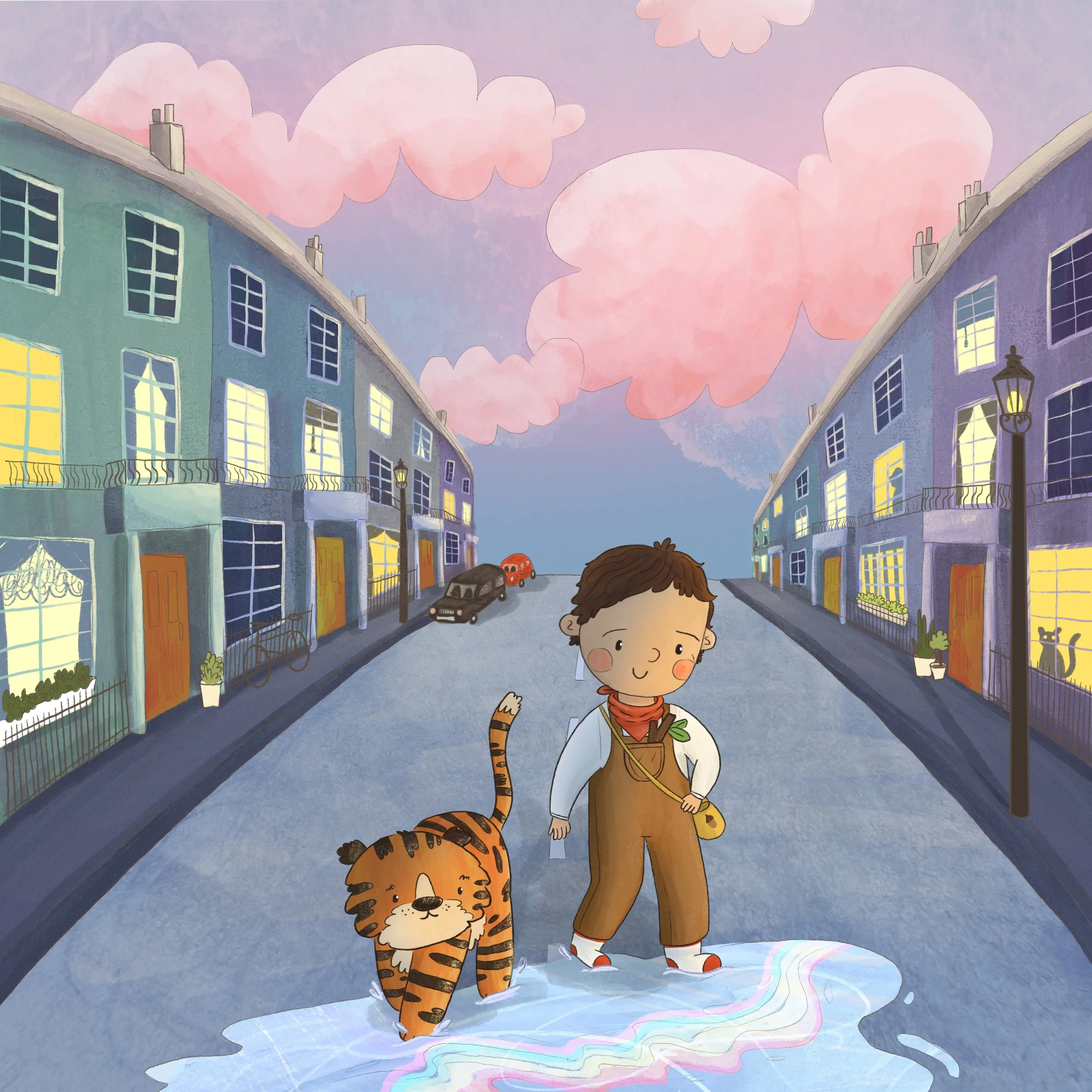 A cartoon illustration of a street scene at sunset with pastel-colored buildings, pink clouds in the sky, and a young boy and tiger walking hand in hand.
