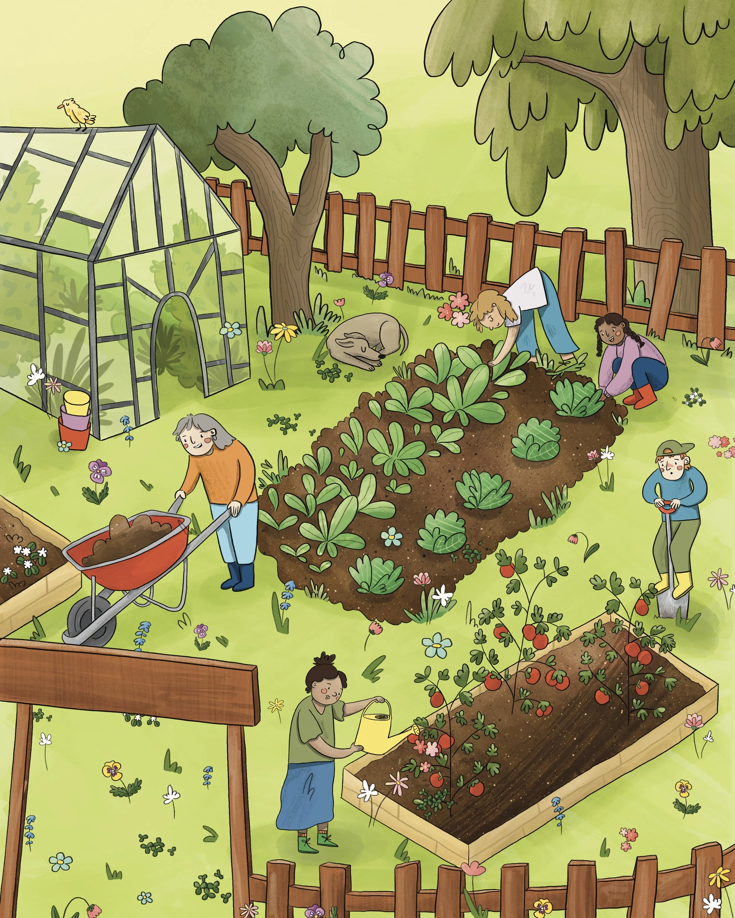 People gardening and picking strawberries in an outdoor garden with a chicken and trees.