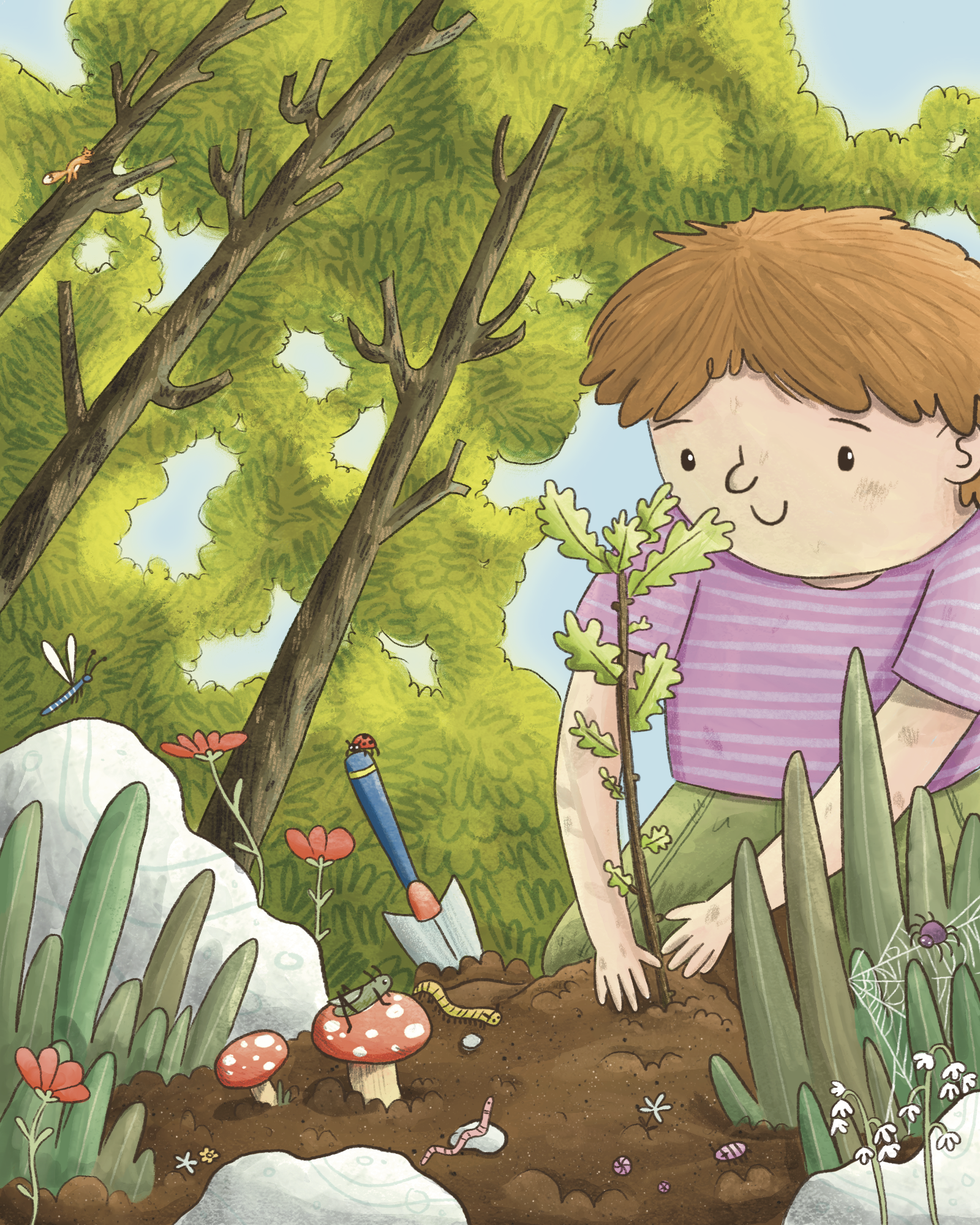 A young boy with brown hair and a striped purple shirt is planting a small tree in a garden, surrounded by mushrooms, insects, and plants, with a large tree in the background.