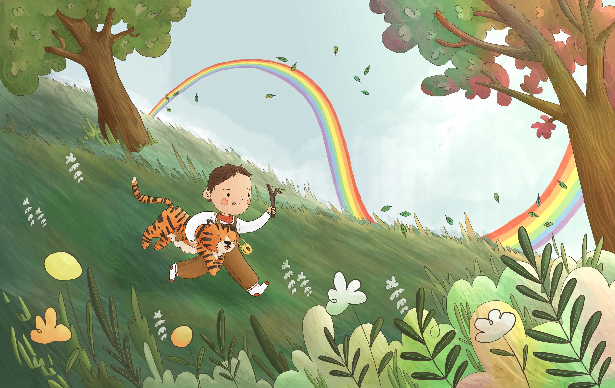 A colorful, animated scene of a young boy with a tiger costume, running through a lush green forest with trees, grass, flowers, a rainbow, and falling leaves.