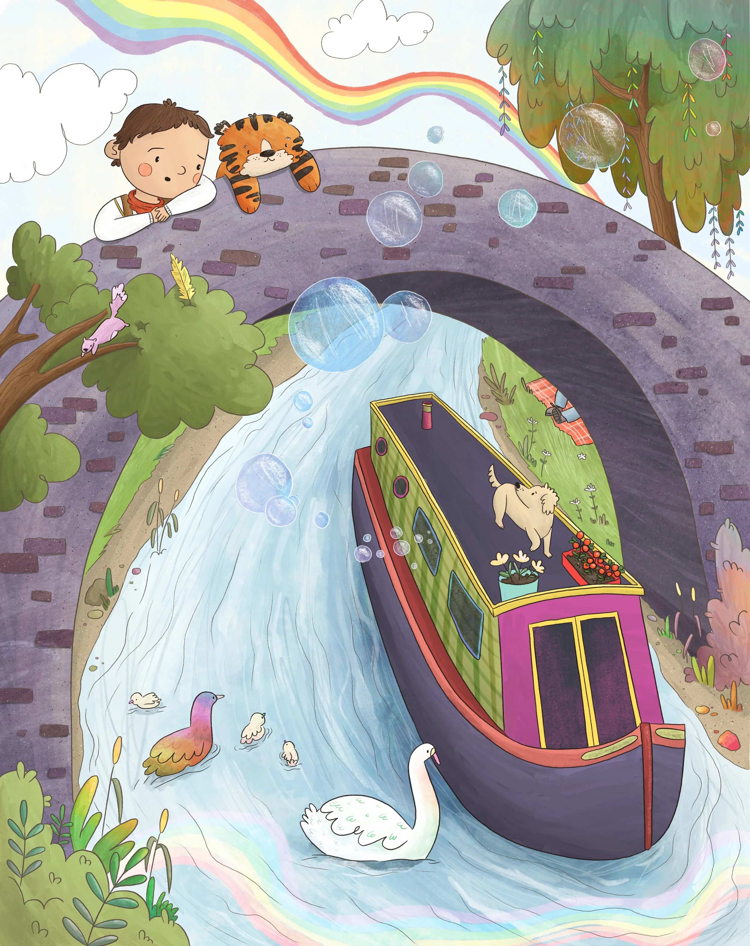 A young boy and a tiger cub sitting on a stone bridge over a river, with a colorful rainbow and a green tree nearby. The river has swans and ducks swimming, and a narrowboat is passing underneath the bridge. There are fluffy clouds in the sky.