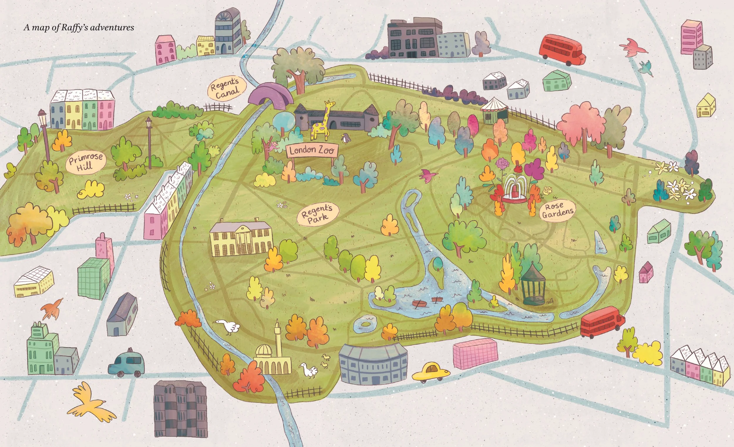 Map of Raffy's adventures showing various locations including Primrose Hill, London's Zoo, Regent's Park, and Rose Gardens, with trees, a river, animals, and buildings.