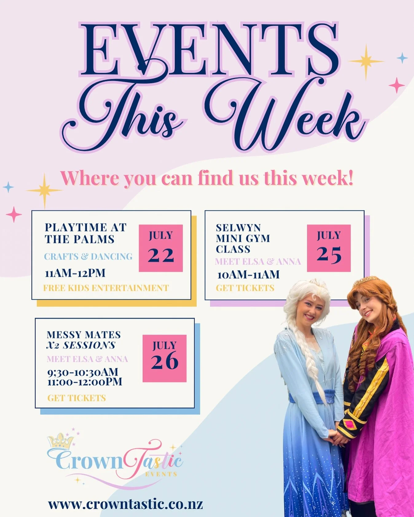 Need some Crowntastic Magic ✨ this week? 

Here&rsquo;s where you&rsquo;ll find us!

Tuesday 22nd July 11am-12pm
Playtime at the Palms!
FREE kids entertainment 
@thepalmschristchurch 

Friday 25th July 10-11am
Mid winter mini gym session! With Elsa &