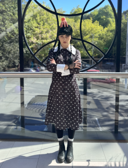 woman dressed as wednesday addams in a circular window frame