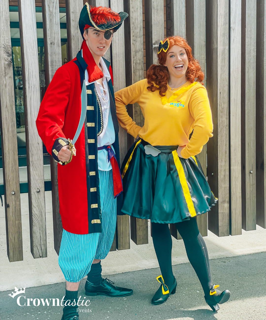 man dressed as pirate for kids party and woman dressed as the yellow wiggle