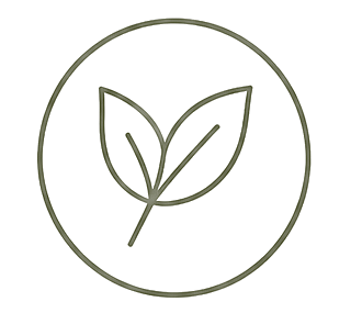 A simple line drawing of two leaves inside a circle.