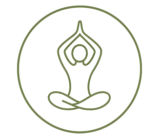Line drawing of a person meditating in a seated yoga pose inside a circle.
