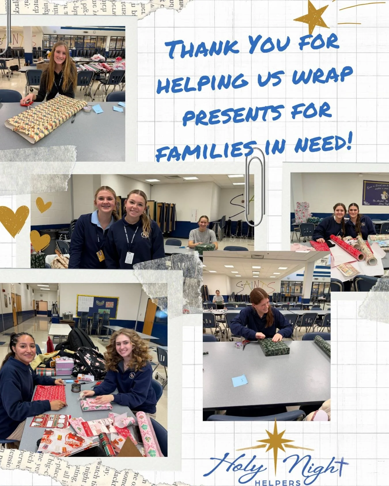 This was our last afternoon of wrapping with @bishopdwenger students! We are so grateful for their help wrapping presents for a total of 5 families! A special shout out to Cyndi Wolf for coordinating the students and space for us to wrap - we couldn&